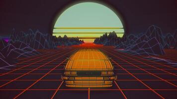 coche retro futurista con un sol en el fondo. representación 3d foto