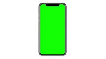 teléfono móvil con pantalla verde en blanco aislado sobre fondo blanco. representación 3d foto
