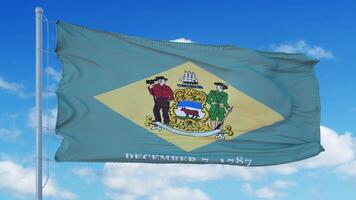 Flag of american state of Delaware waving in the wind, blue sky background. 3d rendering photo