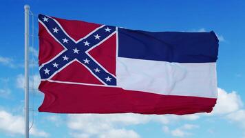 Mississippi flag on a flagpole waving in the wind, blue sky background. 3d rendering photo