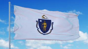 Massachusetts flag on a flagpole waving in the wind, blue sky background. 3d rendering photo