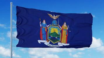 New York flag on a flagpole waving in the wind, blue sky background. 3d rendering photo