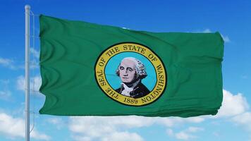 Washington State flag on a flagpole waving in the wind, blue sky background. 3d rendering photo