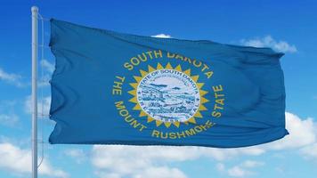 South Dakota flag on a flagpole waving in the wind, blue sky background. 3d rendering photo