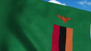 Zambia flag on a flagpole waving in the wind, blue sky background. 3d rendering photo