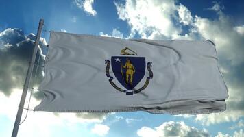 bandera de massachusetts en un asta de bandera ondeando en el viento, fondo de cielo azul. representación 3d foto