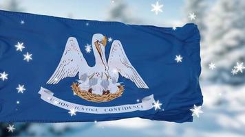 Fondo de bandera de copos de nieve de invierno de luisiana. Estados Unidos de América. ilustración 3d