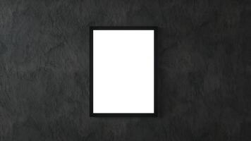 White Poster with black frame on black wall mockup. 3d rendering photo