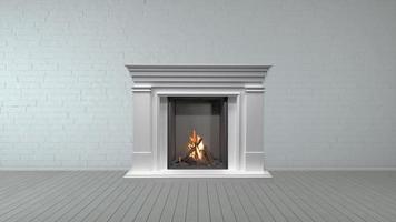 White Fireplace in bright empty living room interior of house photo