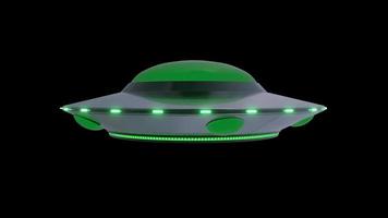 Isolated Saucer UFO flying on black background. 3d illustration photo