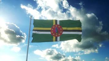 Flag of Dominica waving at wind against beautiful blue sky. 3d rendering photo