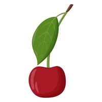 Whole red cherry with green leaf isolated on white background. Flat vector illustration