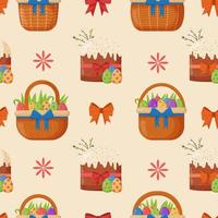 Easter cake with colorful eggs and wicker basket seamless pattern. Spring holiday. Happy easter eggs. Seasonal celebration. vector