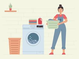 Happy woman doing laundry. Woman holding backet with clean clothes. Housework, laundry service. Washing clothes. vector