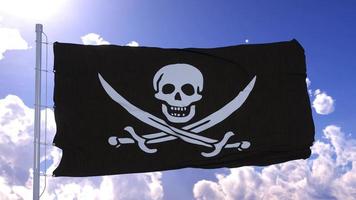 Realistic Pirate flag waving in wind against blue sky. 3d rendering photo