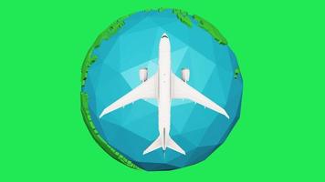 Airplane flying around cartoon earth on green background. 3d illustration photo