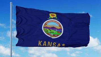 bandera de kansas en un asta de bandera ondeando en el viento, fondo de cielo azul. representación 3d foto