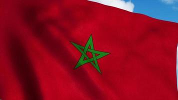 bandera de marruecos en un asta de bandera ondeando en el viento, fondo de cielo azul. representación 3d foto