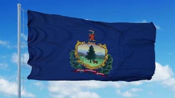 Vermont flag on a flagpole waving in the wind, blue sky background. 3d rendering photo