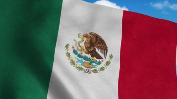 Mexico flag on a flagpole waving in the wind, blue sky background. 3d rendering