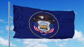 Utah flag on a flagpole waving in the wind, blue sky background. 3d rendering photo