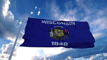 bandera de wisconsin en un asta de bandera ondeando en el viento, fondo de cielo azul. representación 3d foto