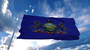 Pennsylvania flag on a flagpole waving in the wind, blue sky background. 3d rendering photo