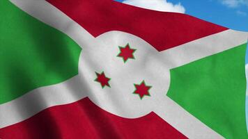 Burundi flag waving in the wind, blue sky background. 3d rendering photo