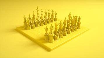 Chess Board and Pieces isolated on yellow background. 3d illustration photo