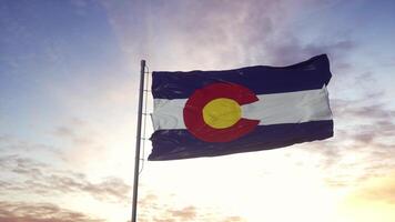 State flag of Colorado waving in the wind. Dramatic sky background. 3d illustration photo