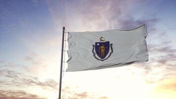 State flag of Massachusetts waving in the wind. Dramatic sky background. 3d illustration photo