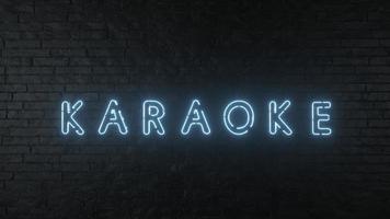 Karaoke neon sign on dark brick wall background. 3D illustration photo