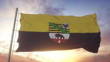 bandera de sajonia-anhalt, alemania, ondeando en el viento, el cielo y el fondo del sol. representación 3d foto