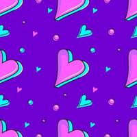 Violet seamless pattern of heart in memphis style. Vector love background retro vintage 80s or 90s style.