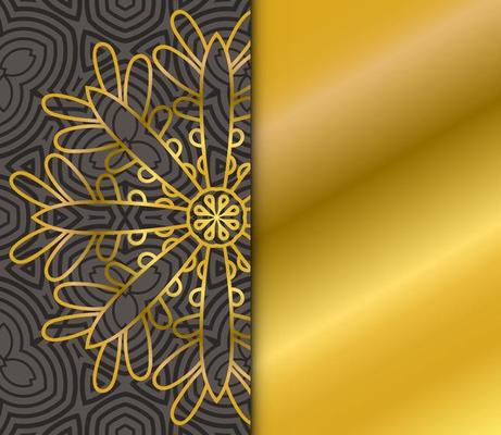 Cute gold Mandala card with striped pattern. Ornamental round doodle flower isolated on dark background. Geometric decorative ornament in ethnic oriental style.