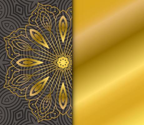 Cute gold Mandala card with striped pattern. Ornamental round doodle flower isolated on dark background. Geometric decorative ornament in ethnic oriental style.