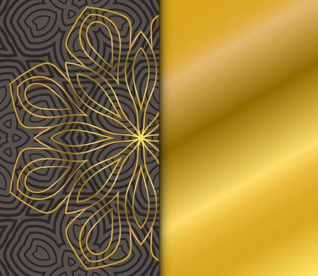 Cute gold Mandala card with striped pattern. Ornamental round doodle flower isolated on dark background. Geometric decorative ornament in ethnic oriental style.
