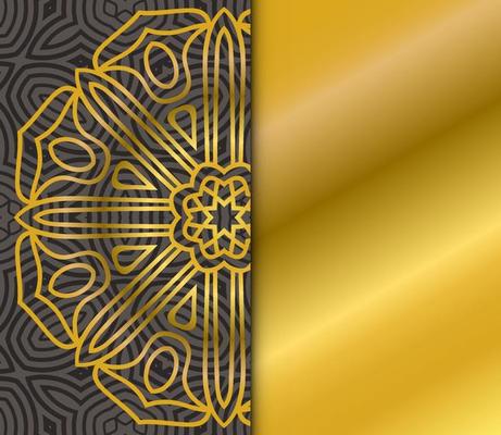 Cute gold Mandala card with striped pattern. Ornamental round doodle flower isolated on dark background. Geometric decorative ornament in ethnic oriental style.