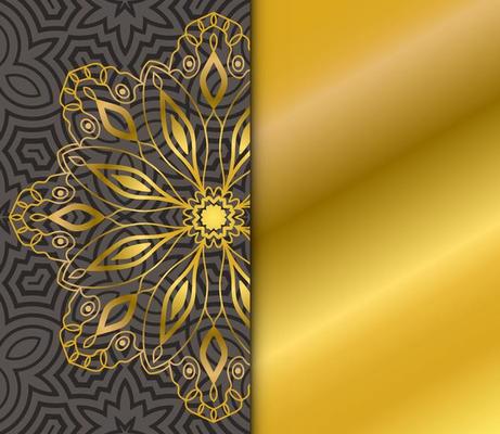 Cute gold Mandala card with striped pattern. Ornamental round doodle flower isolated on dark background. Geometric decorative ornament in ethnic oriental style.