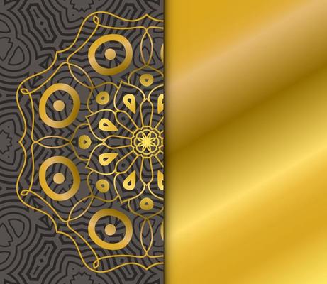 Cute gold Mandala card with striped pattern. Ornamental round doodle flower isolated on dark background. Geometric decorative ornament in ethnic oriental style.