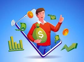 a man earn money income by using smartphone vector