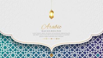fondo de arco islámico de lujo blanco y azul con patrón de adorno decorativo vector