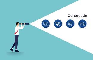 Website and Internet contact us page concept. Businessman looking with telescope symbol vector