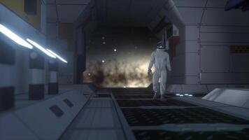 Astronaut in futuristic spaceship. View of the earth. Concept for futuristic or space travel backgrounds. 3d rendering photo
