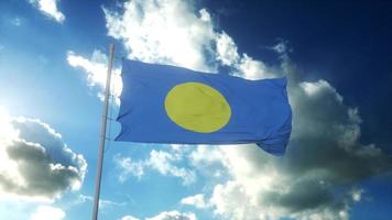 Republic of Palau flag waving at wind against beautiful blue sky. 3d rendering photo