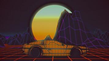 coche retro futurista con un sol en el fondo. representación 3d foto