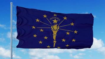 Indiana flag on a flagpole waving in the wind, blue sky background. 3d rendering photo