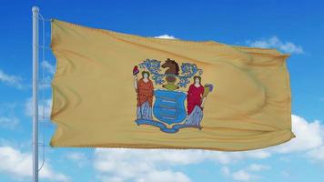 New Jersey flag on a flagpole waving in the wind, blue sky background. 3d rendering photo