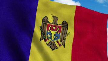 Moldova flag on a flagpole waving in the wind, blue sky background. 3d rendering photo