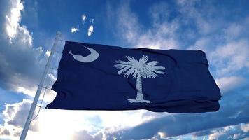 South Carolina flag on a flagpole waving in the wind, blue sky background. 3d rendering photo